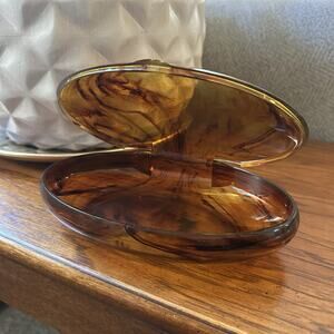 Vintage Faux Tortoise Shell Acrylic Plastic Oval Hinged Trinket Jewelry Box